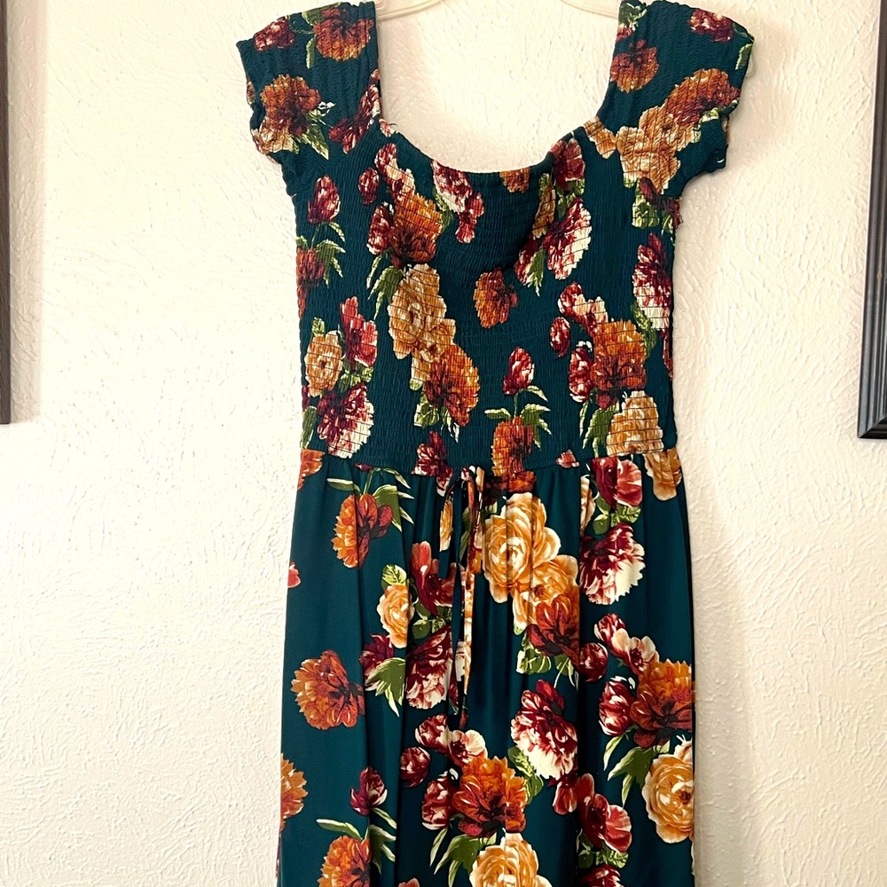 Green and floral floor length dress.
